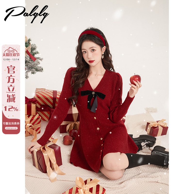 慵懒风V领毛衣连衣裙女小红裙