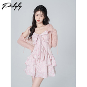 绑带不规则荷叶边裙子新款 碎花吊带V领连衣裙女针织镂空开衫 套装