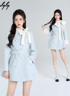 法式小香风蓝色收腰毛呢外套女冬季富家千金中长款蝴蝶结呢子大衣