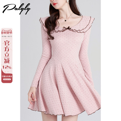 法式娃娃领粉色波点针织连衣裙女