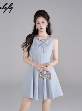 小香风重工蓝色无袖背心连衣裙女夏季掐腰miu系千金风荷叶边伞裙