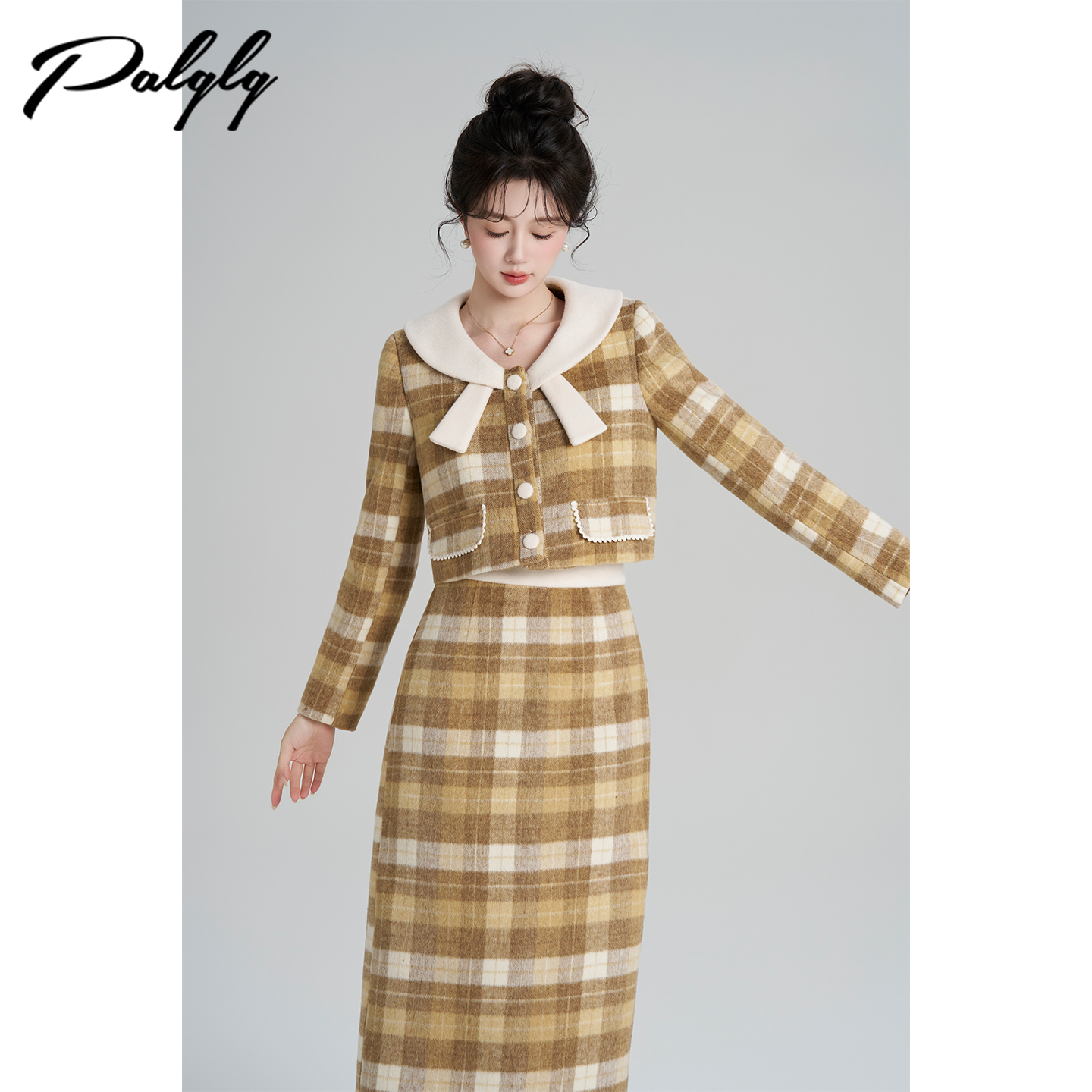 小香风黄色毛呢短外套套装女冬季