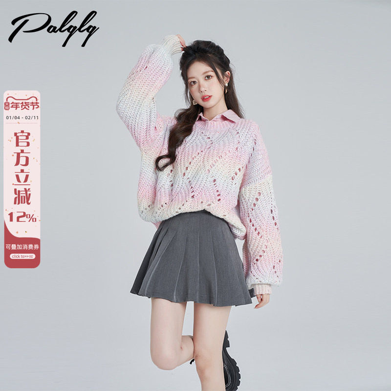 慵懒风镂空套头针织衫女秋季2023新款宽松蝙蝠袖毛衣粉色上衣罩衫