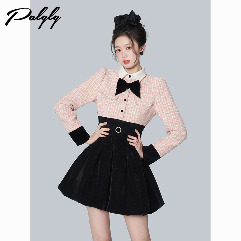 小香风拼色花苞裙秋冬甜美连衣裙