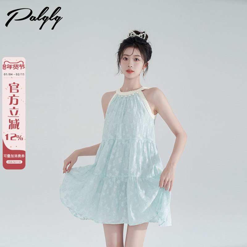 绿色蕾丝拼接挂脖连衣裙女夏季新款洋气质甜美a字裙森系娃娃裙子,女装/女士精品,连衣裙,淘宝优惠券,粉丝福利购,淘宝优惠卷