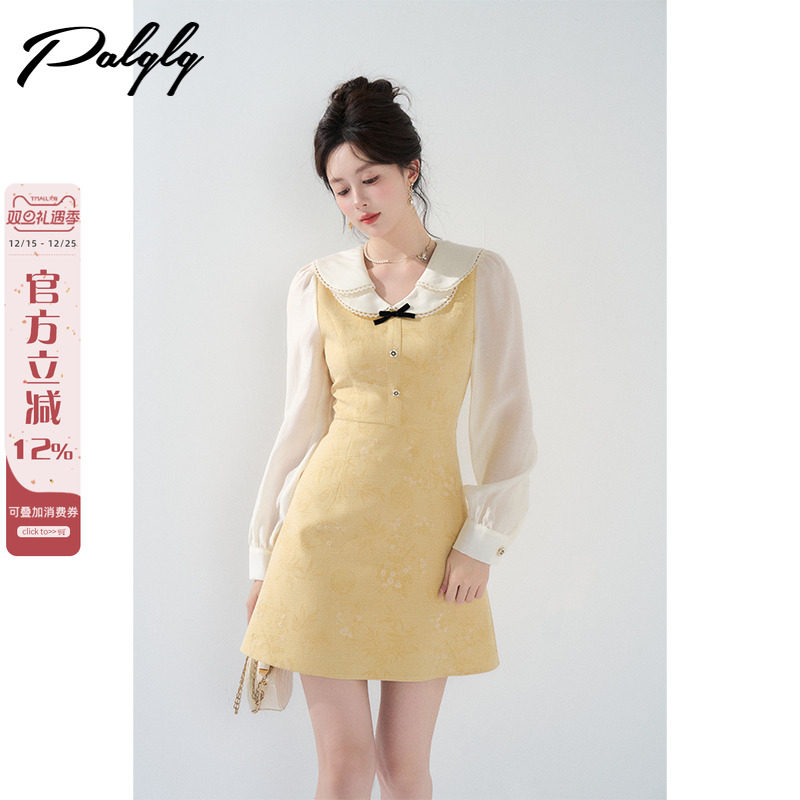 假两件法式娃娃领黄色连衣裙女