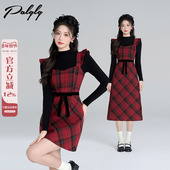 Palglg法式 甜美小个子红色格子背带连衣裙女冬季 圣诞收腰打底裙子