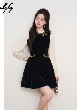 法式假两件立领黑色丝绒连衣裙女秋冬高级感气质收腰富家千金裙子