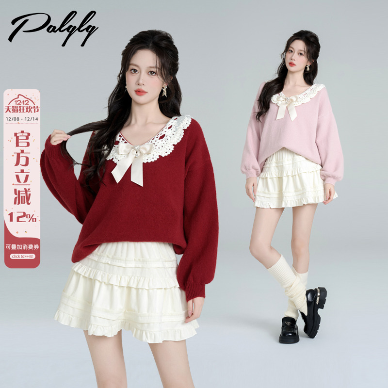 温柔甜美蝴蝶结花边v领针织上衣