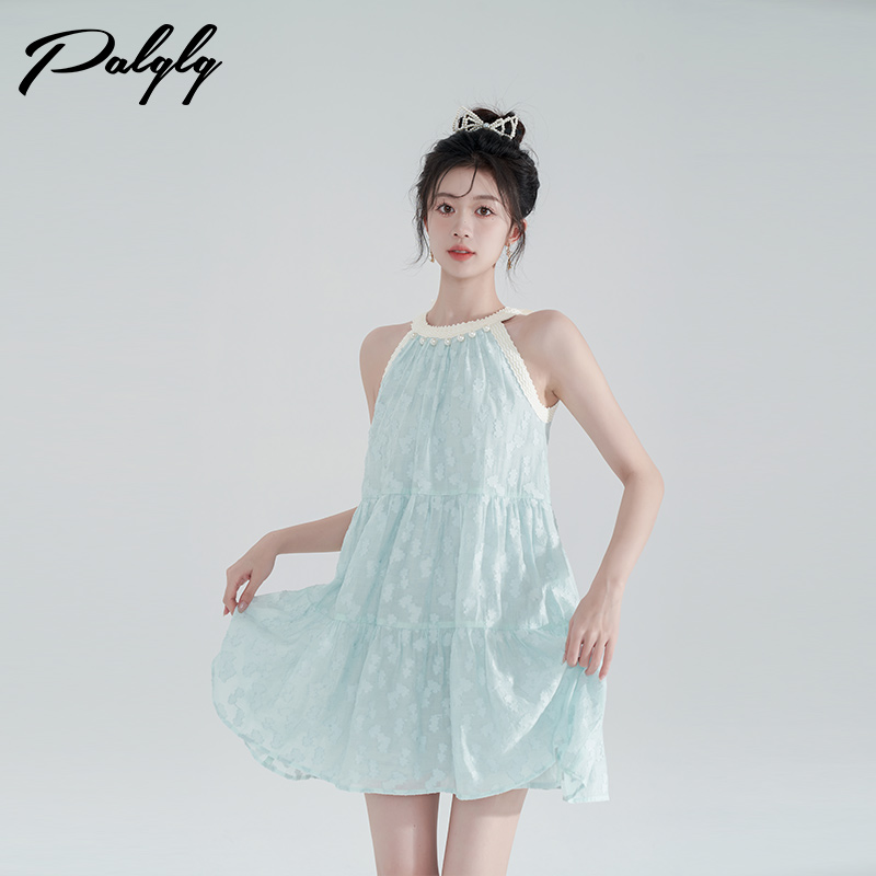 绿色蕾丝拼接挂脖连衣裙女夏季新款洋气质甜美a字裙森系娃娃裙子