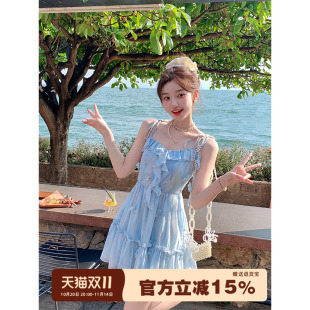 法式 海边度假风甜美收腰荷叶边裙子 气质印花吊带蓝色连衣裙女夏季