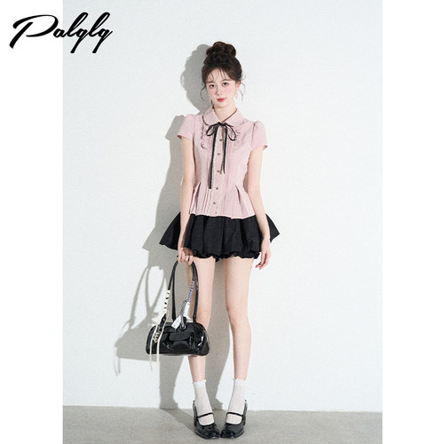 娃娃领粉色甜美法式短袖衬衫夏