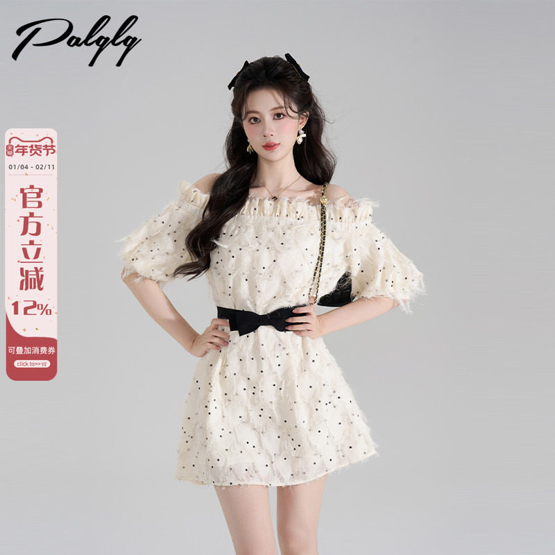 法式流苏波点一字肩连衣裙女夏季小香风甜美富家千金收腰a字裙子,女装/女士精品,连衣裙,淘宝优惠券,粉丝福利购,淘宝优惠卷