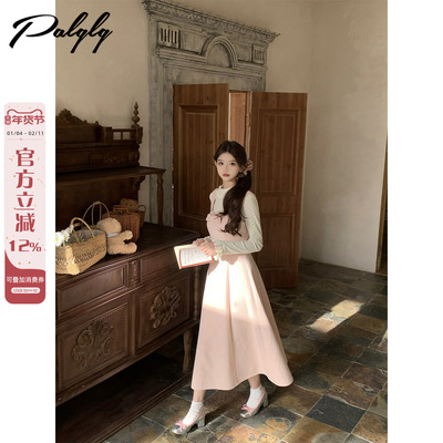 富家千金风粉色吊带连衣裙女冬季