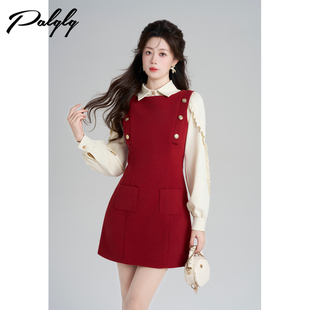 Palglg法式复古红色背心连衣裙女冬季高级感气质小香风收腰a字裙