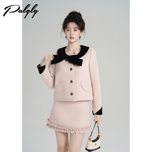 Palglg法式小香风粉色短款外套女冬季套装千金甜美半身裙两件套裙