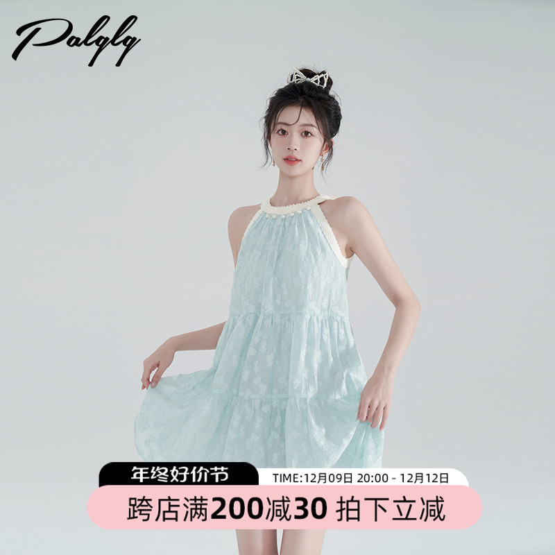 绿色蕾丝拼接挂脖连衣裙女夏季新款洋气质甜美a字裙森系娃娃裙子