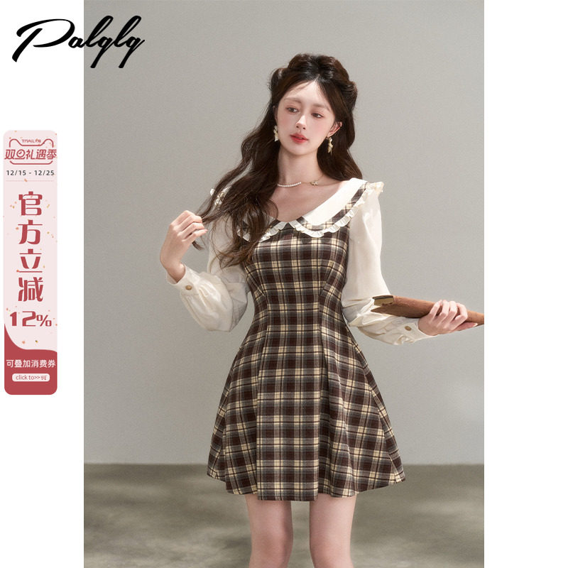 娃娃领小香风格子长袖连衣裙女秋