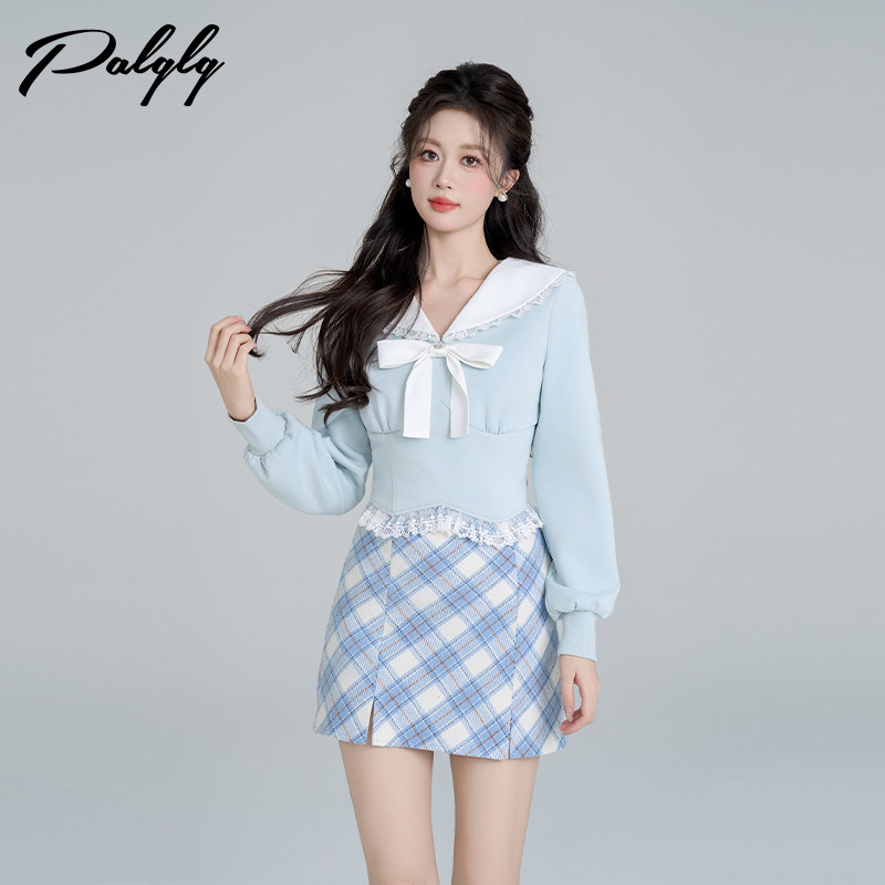 拼接蕾丝蓝色娃娃领短款卫衣女秋冬季高级感甜美减龄气质法式上衣