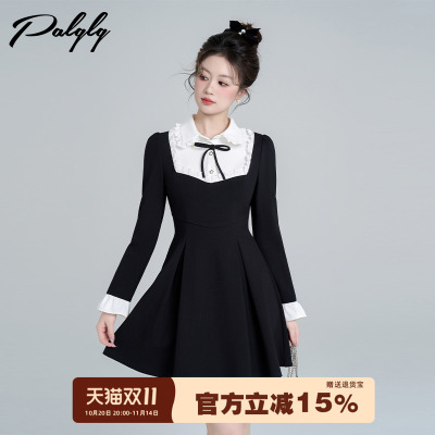 小香风黑色长袖衬衫连衣裙女春季