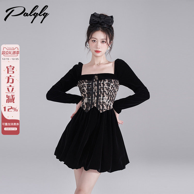 赫本风方领黑色丝绒连衣裙女