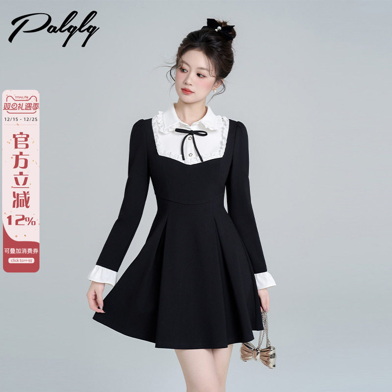 小香风黑色长袖衬衫连衣裙女春季