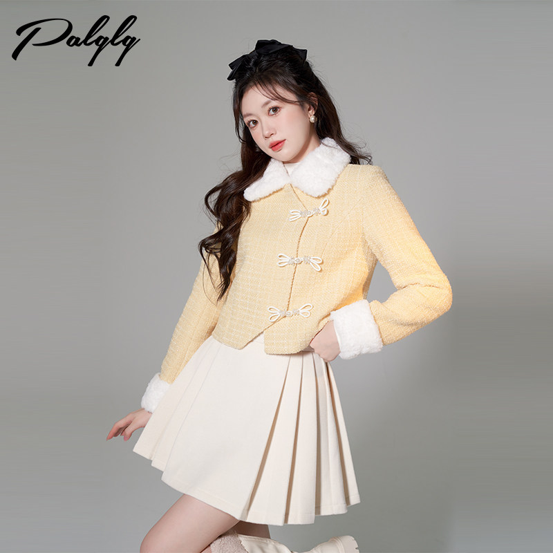 黄色新中式复古盘扣短款外套女冬季新款小个子毛领呢子夹棉上衣爆,女装/女士精品,短外套,淘宝优惠券,粉丝福利购,淘宝优惠卷