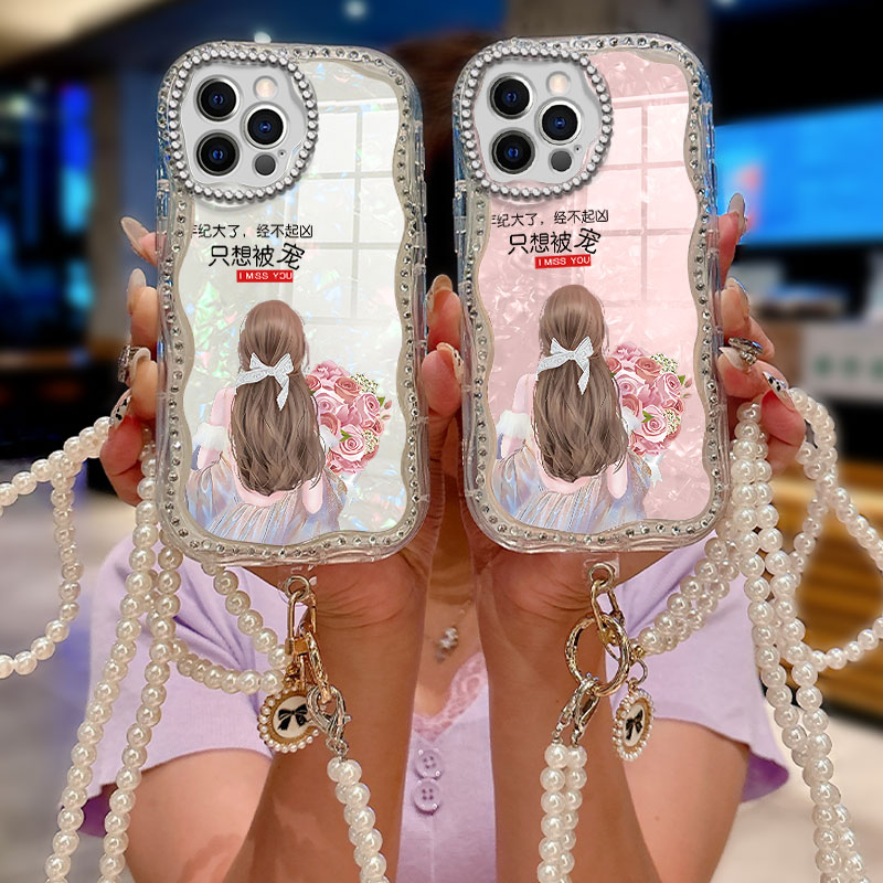斜跨镶钻水钻贝壳适用苹果iPhone16ProMax手机壳防摔16全包6外壳13新款11保护套XS女款13水钻12Pro简约14