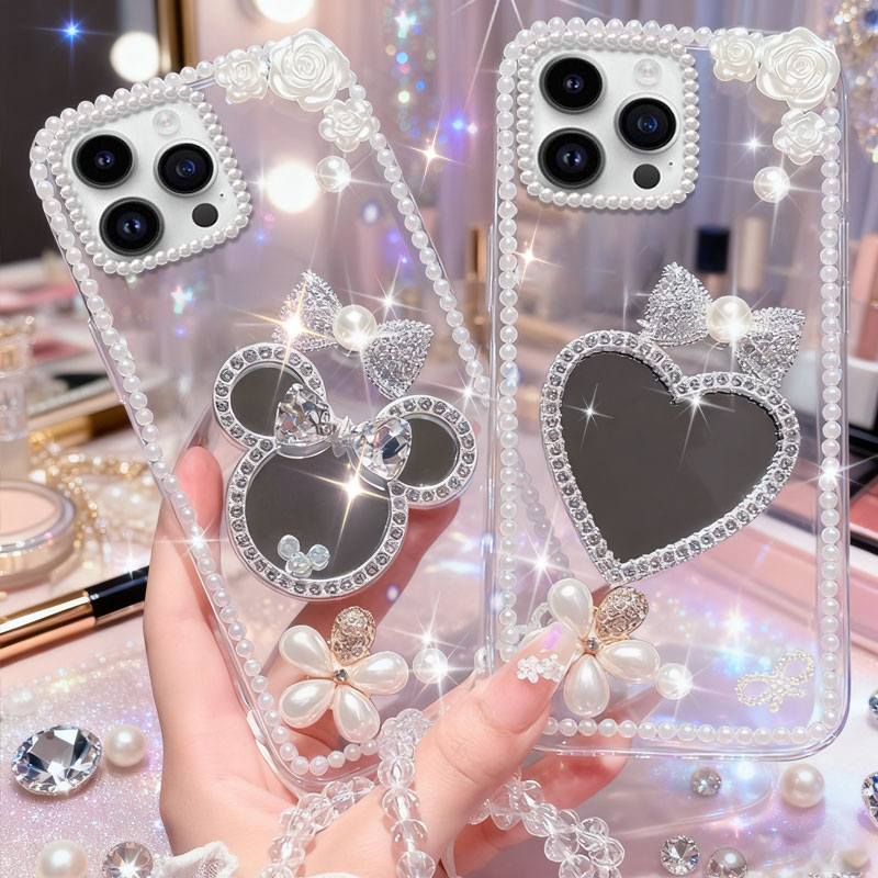 马年新款镶钻带镜子适用苹果iPhone16promax手机壳透明6s保护套11女款Air新品12水钻15高级感13Mini全包16