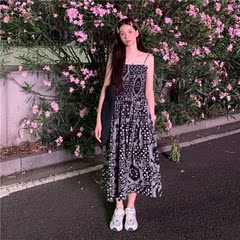 Real price ~ summer new style Black Retro Style print high waist skirt mid length suspender dress