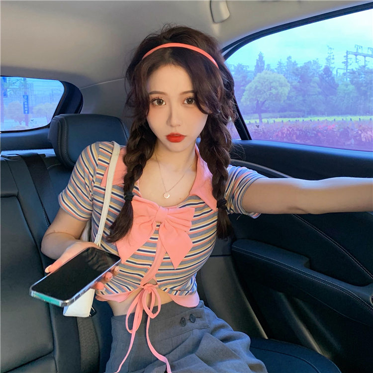 Real price ~ summer new design feeling small crowd exposed navel slim sweet hot wind short bow tie tie top