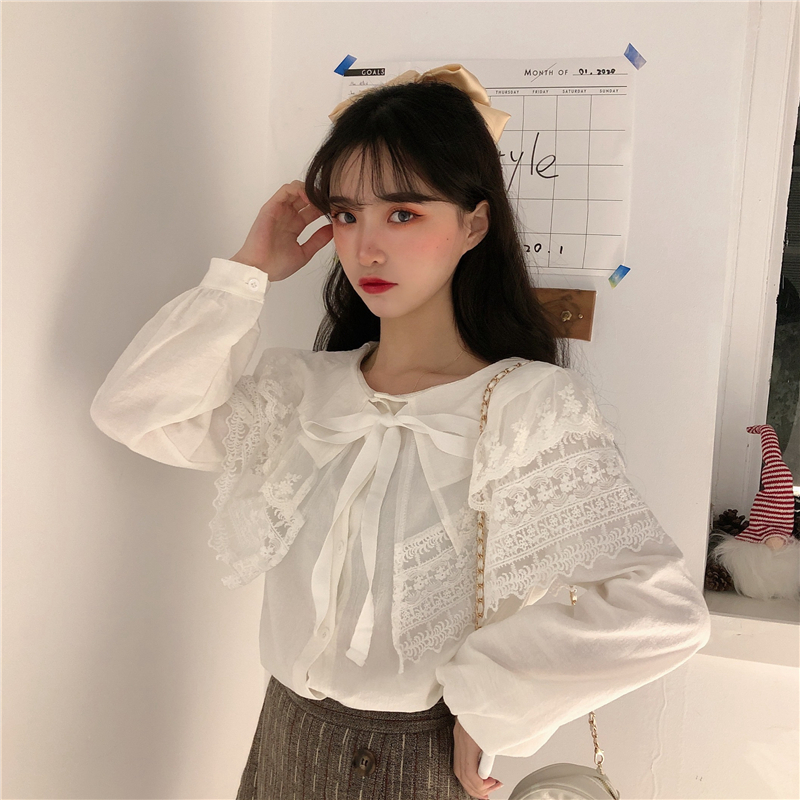 Real price ~ Spring New Korean retro Plaid long sleeve shirt with lace top