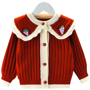 女童针织开衫春秋2025新款洋气小童薄款大翻领女宝宝毛衣儿童外套