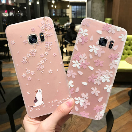 三星s6edge+手机壳女款s7ege透明磨砂软壳简约潮牌note5网红小清新个性创意硅胶保护套樱花新款ins风浮雕可爱