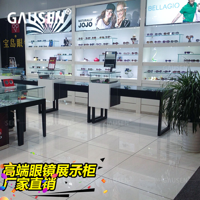 光学宝岛太阳眼镜店铺黑色白色木制玻璃展示柜台带LED灯光照明