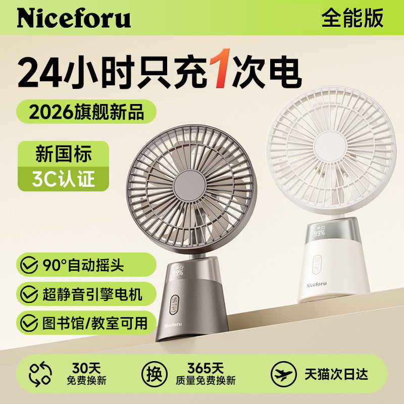 2026新款自动摇头桌面小风扇冷风循环超强力小型台式学生上课办公桌桌面宿舍床上静音便携充电露营超长续航充