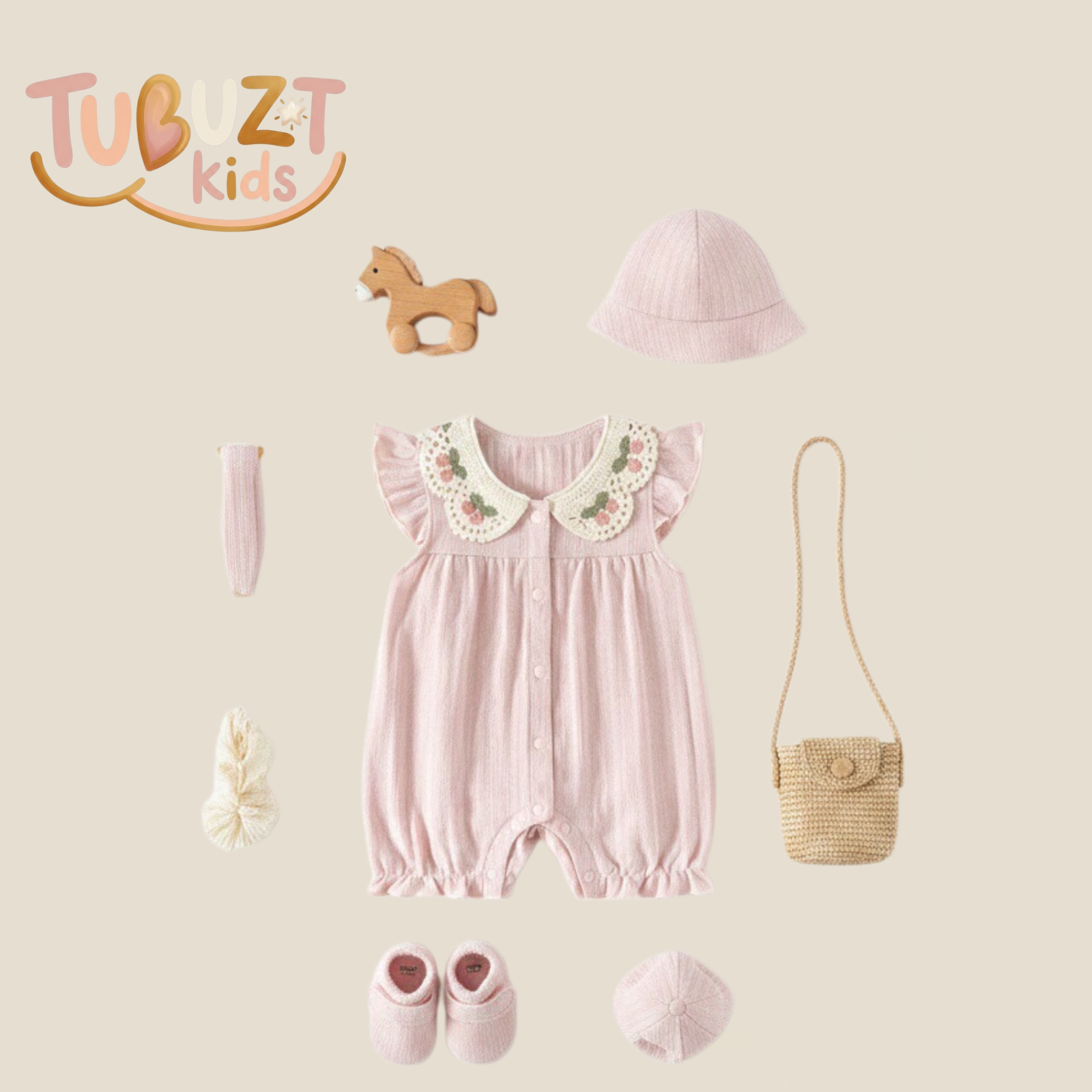 TUBUZT婴儿夏季薄款外出爬爬服女宝宝娃娃领超萌公主荷叶边连体衣