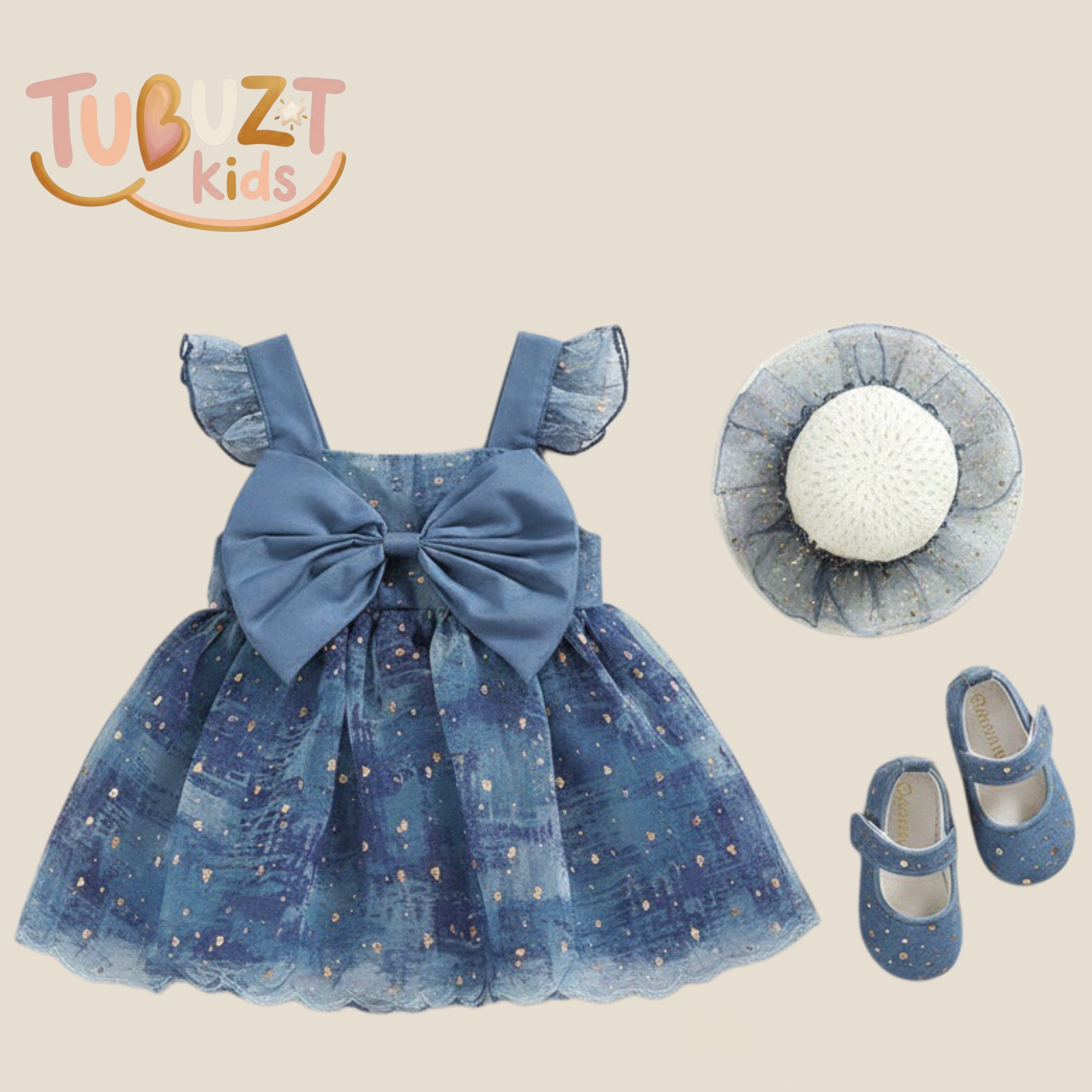 TUBUZT女童夏季洋装星空中长裙婴儿生日礼服蝴蝶结花苞连衣吊带裙