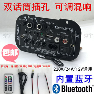 518扩音板5寸低音炮功放板12V24V220V双话筒插孔K歌蓝牙混响收音