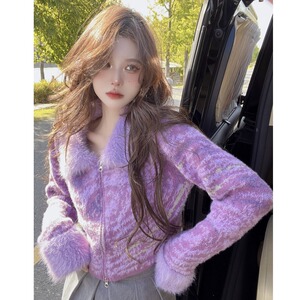 紫色别致上衣毛衣女秋冬奶fufu高级感超好看小香风富家千金感外套