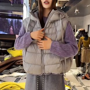 连帽排骨羽绒棉服保暖马甲2025秋冬新款大码女装小个子背心短外套