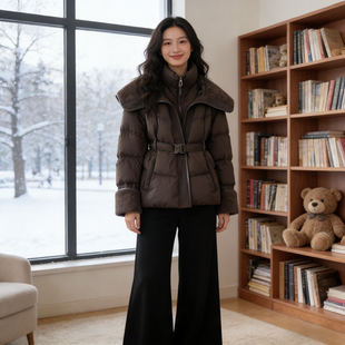 2025新款大翻领收腰羽绒棉服冬季大码女装假两件加厚保暖短款外套