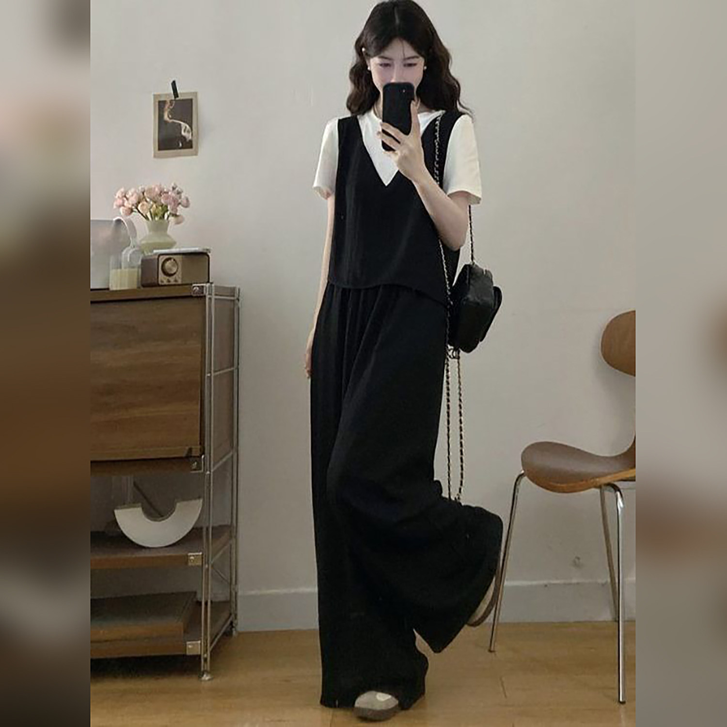 薄马甲短袖T恤直筒垂感阔腿裤三件套女夏季宽松透气大码时尚套装