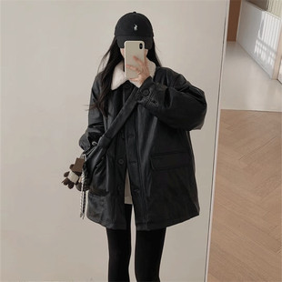 复古穿搭高级感PU皮衣女2025新款 羽绒棉宽松翻领羊羔毛外套潮 冬季