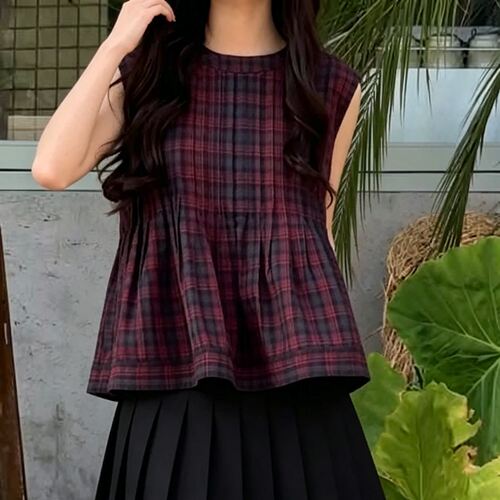 夏季大码复古格子无袖娃娃衫