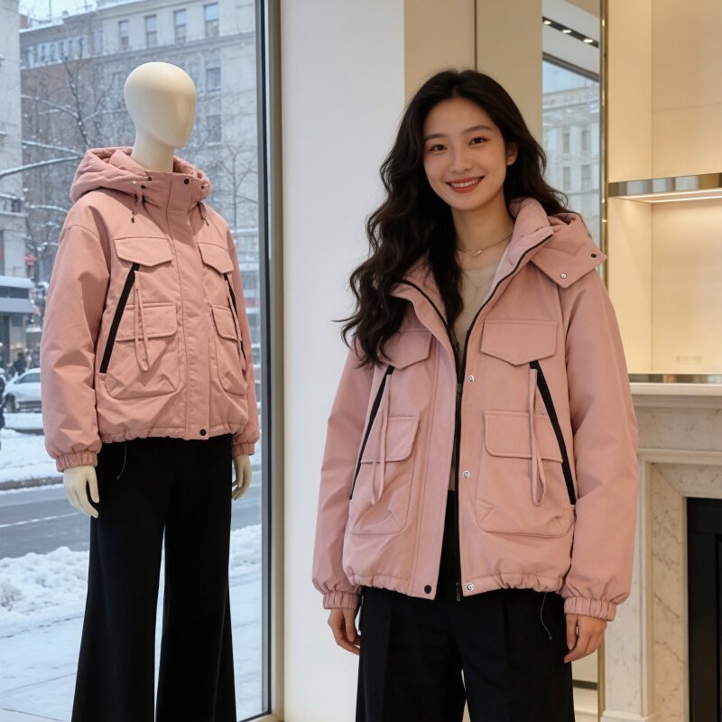 韩版纯色加绒连帽冲锋衣女2025冬季新款大码宽松工装棉服短款外套
