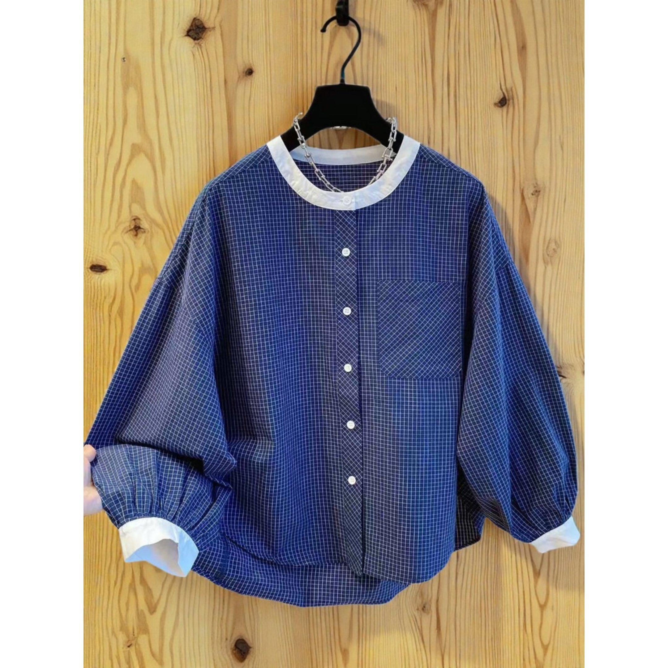 设计感蓝色格子长袖衬衫2026新款春秋大码女装胖mm灯笼袖宽松上衣,女装/女士精品,衬衫,淘宝优惠券,粉丝福利购,淘宝优惠卷