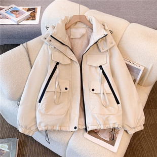 2025宽松冲锋衣冬季新款羽绒棉服连帽兔毛内里加绒工装棉衣外套女