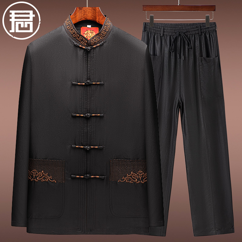 重磅香云纱男装唐装长袖套装中老年人中式盘扣禅茶服真丝男装国风