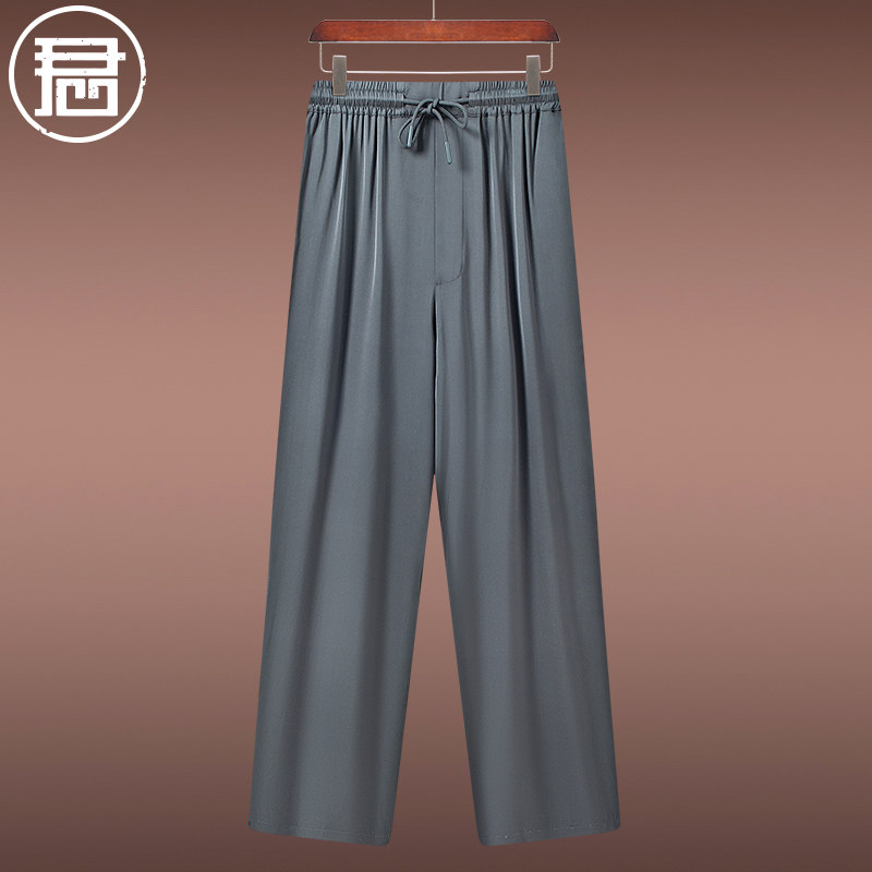 杭州真丝男裤中老年爸爸夏季薄款直筒休闲裤男士松紧腰桑蚕丝裤子